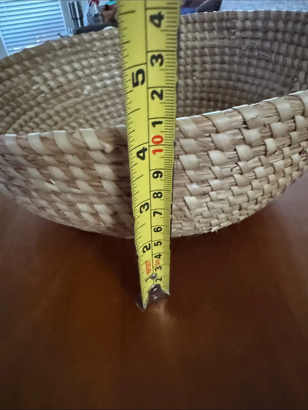 Vintage Handwoven Straw Basket Coiled Shallow Bowl Boho Decor